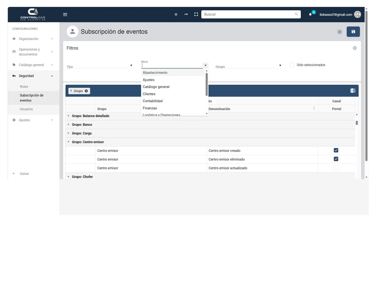 M&oacute;dulo Subscripci&oacute;n de eventos de ControlGAS&reg; New Generation ERP